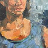 Painting on canvas, woman portrait wearing a blue dress 1940