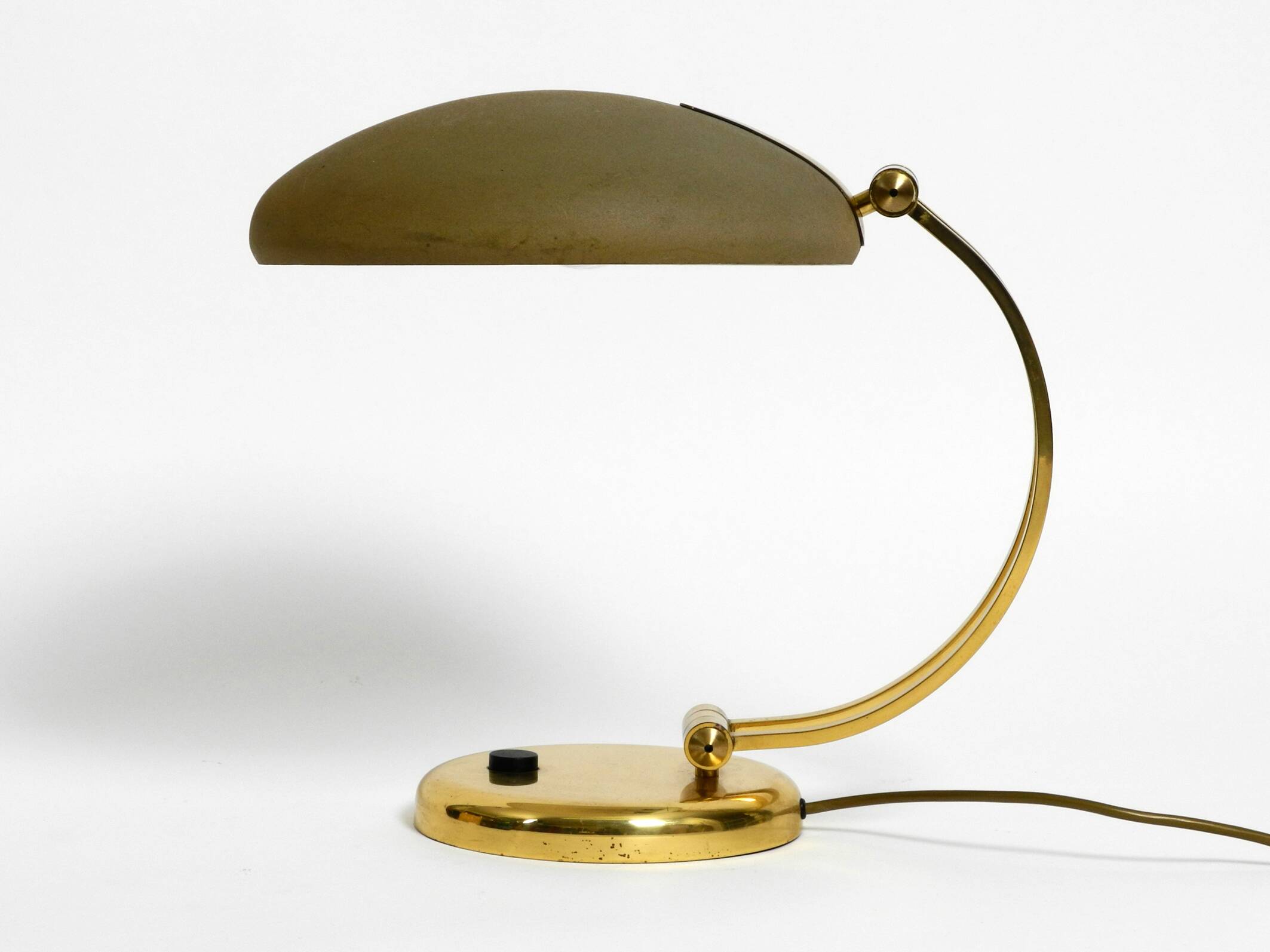 Huge 1970s brass table lamp with adjustable neck and shade from Hillebrand