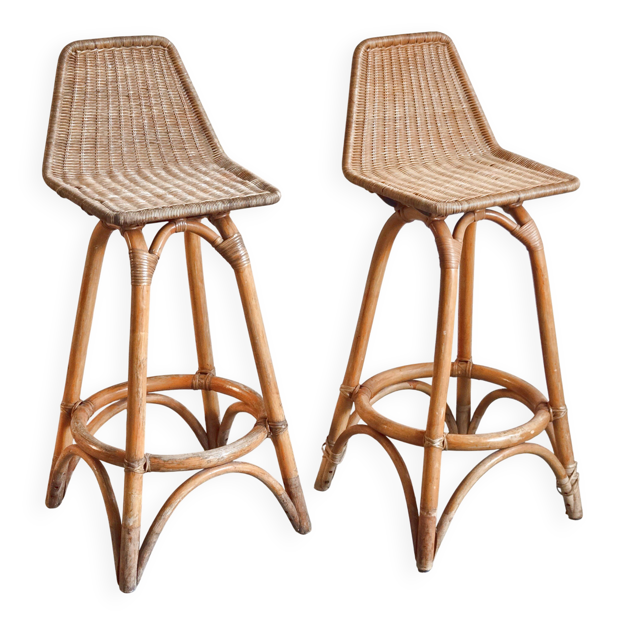 Pair of vintage rattan & bamboo stools 1950