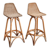 Paire de tabourets vintage en rotin & bambou 1950