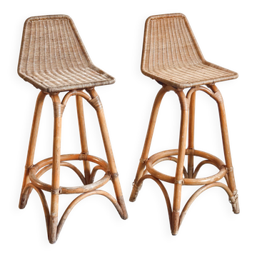 Paire de tabourets vintage en rotin & bambou 1950