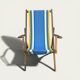 Vintage deck chair with blue and yellow striped fabric, original patina.