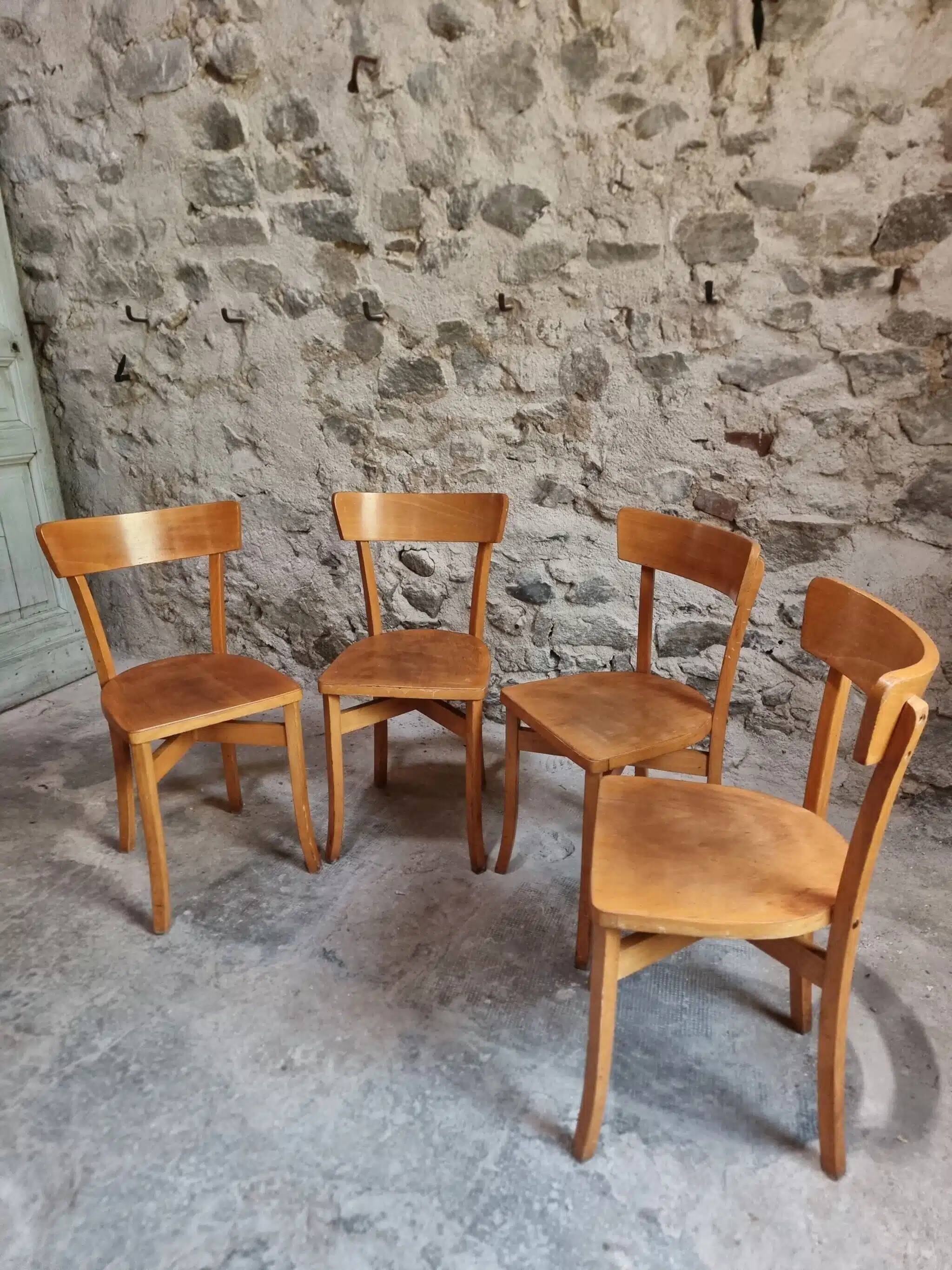 Set of 4 French bistro chairs, beech and plywood, 1960s, mid-century dining chairs.