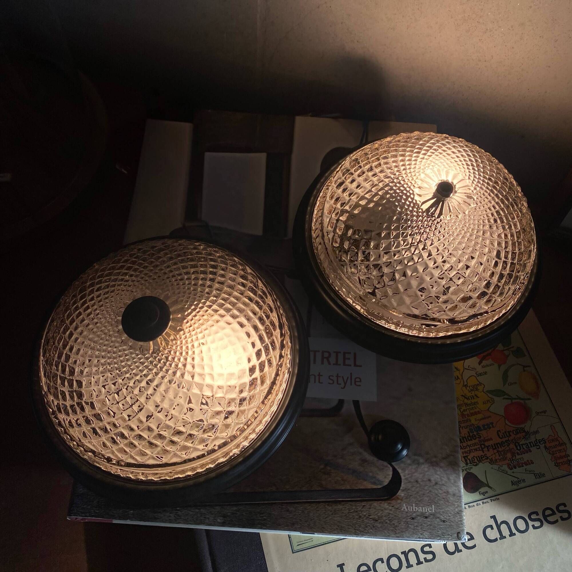 Small pair of vintage ceiling sconces in glass and black metal.