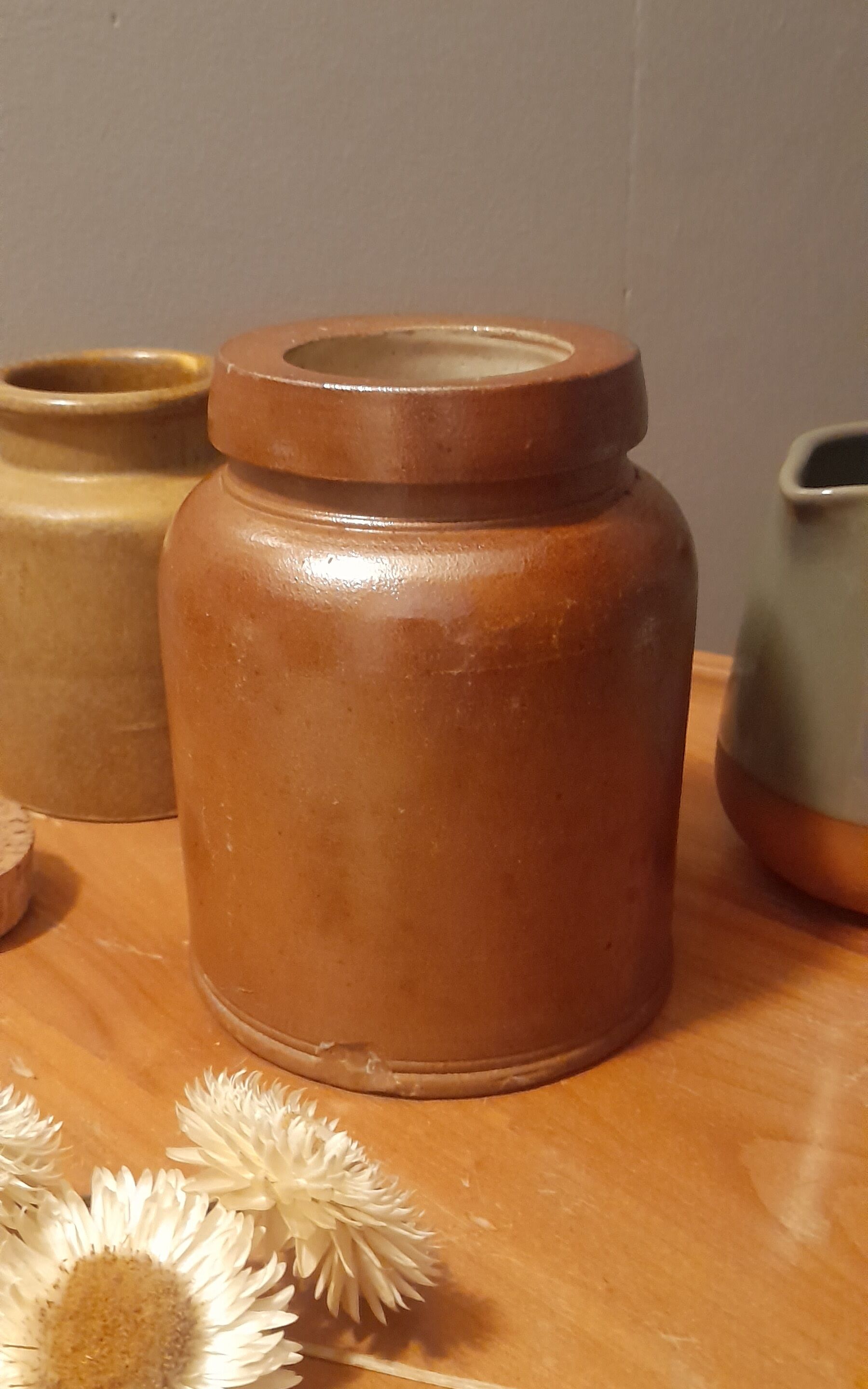 Trio of pottery & decorative stoneware pitcher - vintage