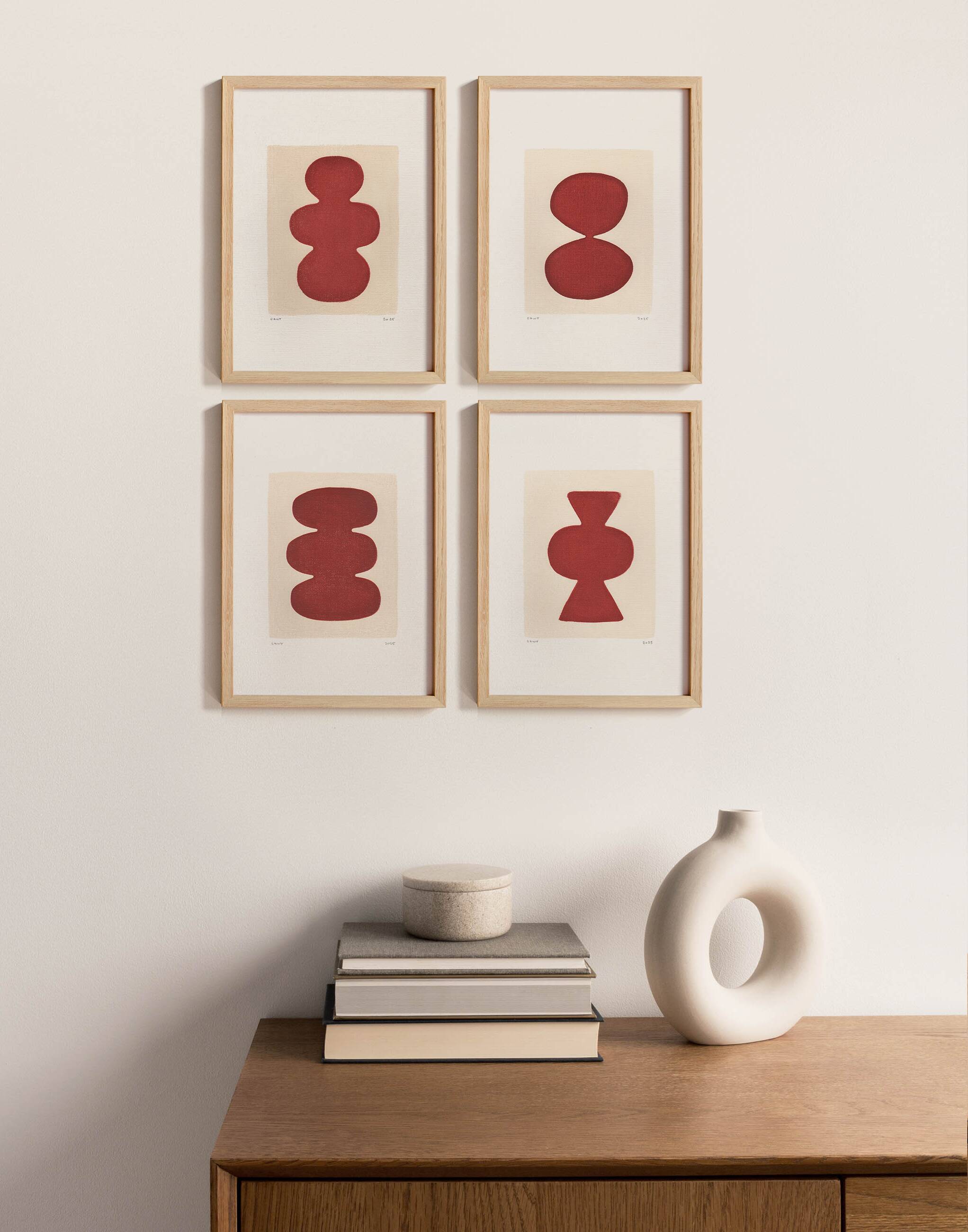 Collection of 4 red abstract paintings on paper signed Eawy