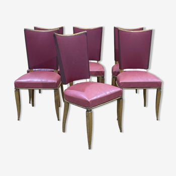 Suite of 6 chairs in beech and skaï