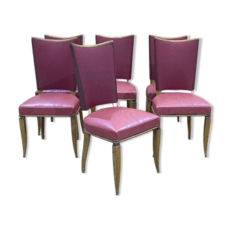 Suite of 6 chairs in beech and skaï