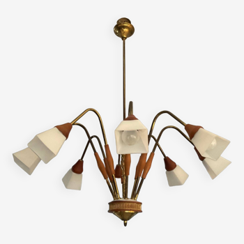 Scandinavian chandelier from the 60s in teak and opaline