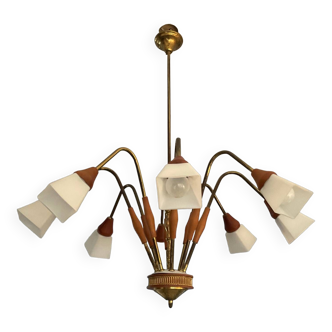 Scandinavian chandelier from the 60s in teak and opaline