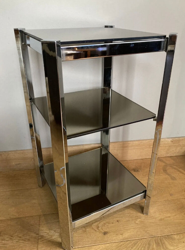 1970s sofa end harness in chromed metal, 3 removable shelves smoked mirrors (available)