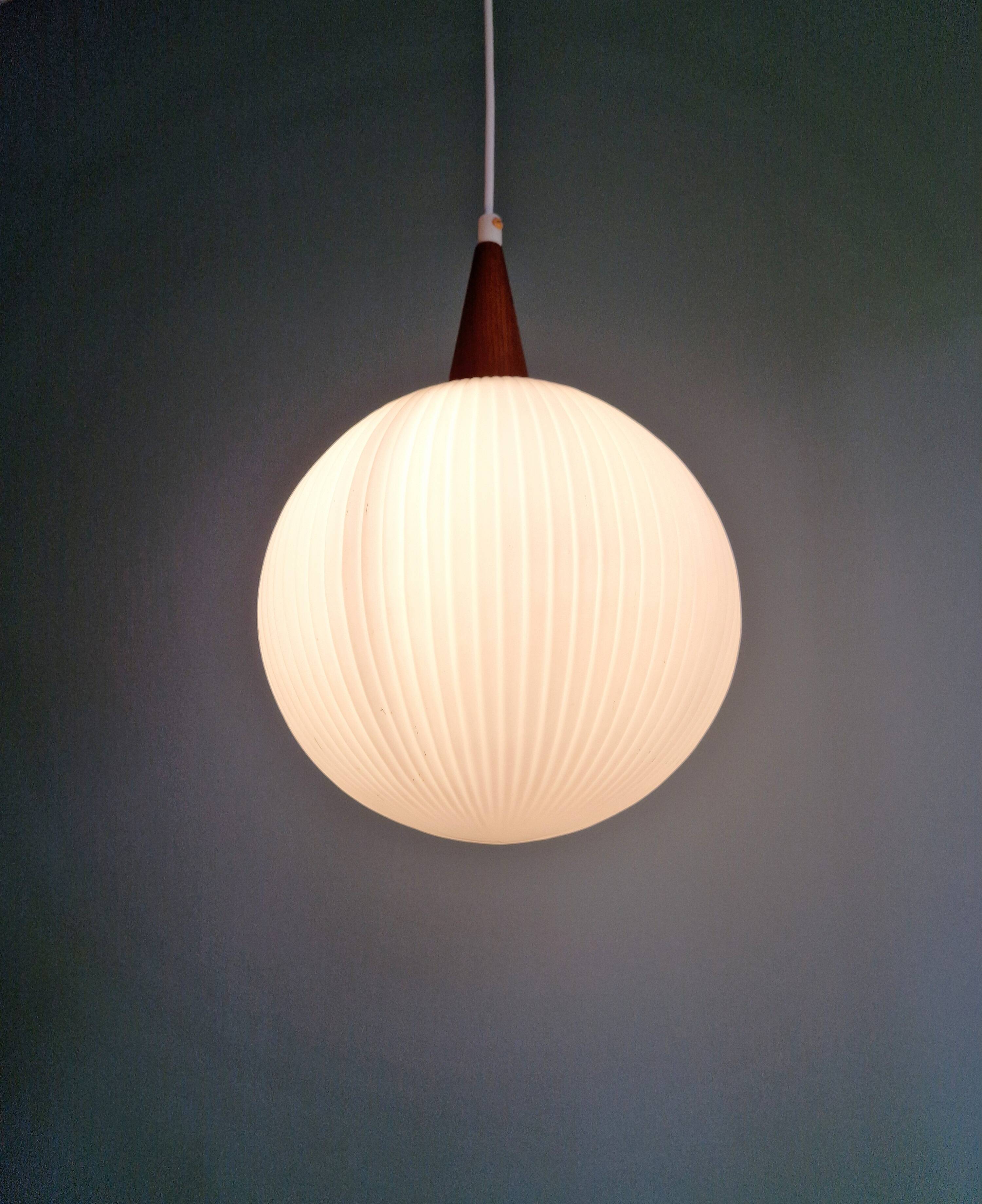 Scandinavian teak and white satin glass pendant light, 1960s