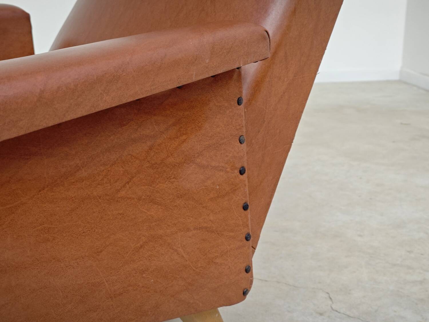 Camel brown imitation leather armchair, France 1960