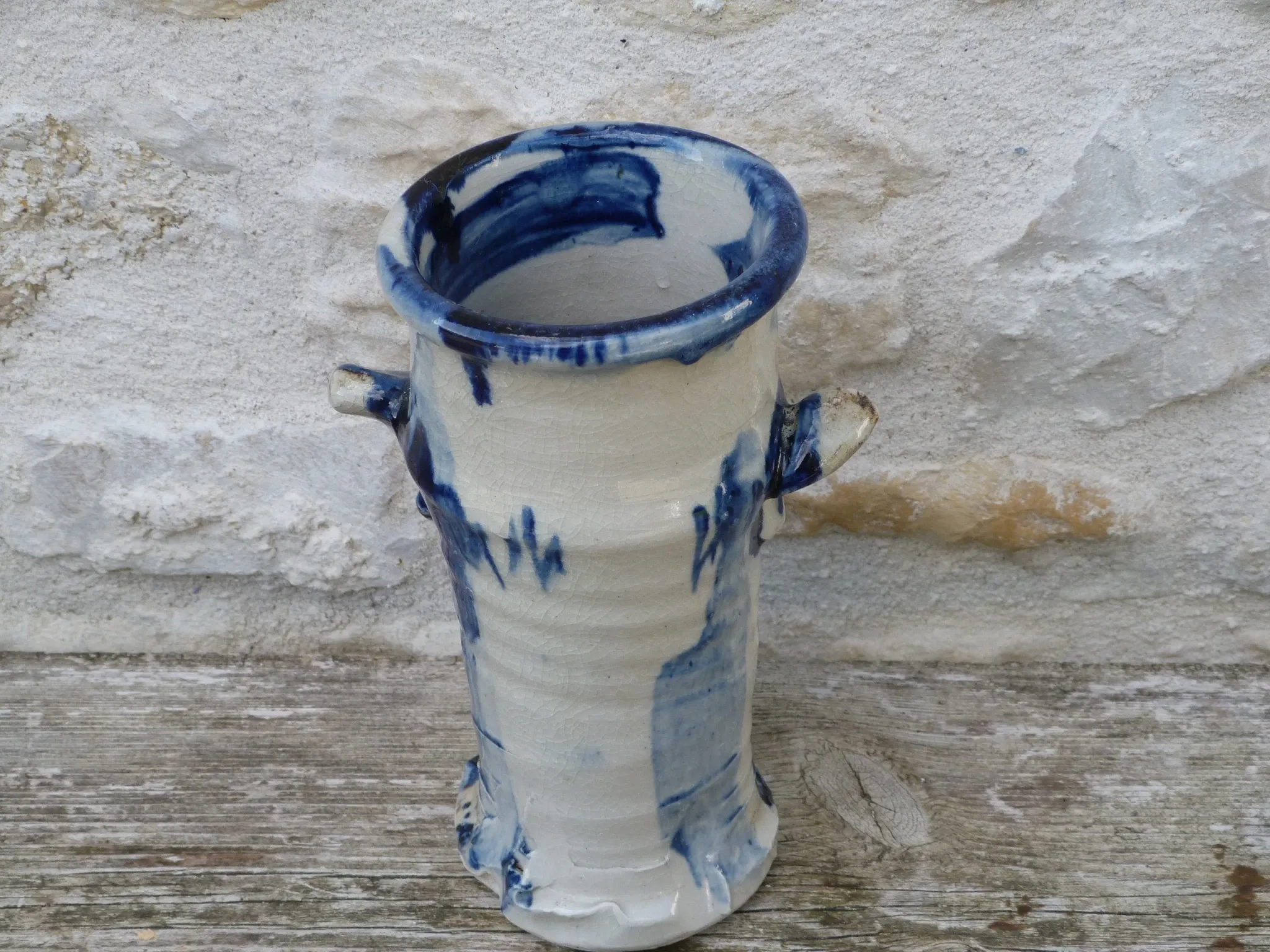 Vintage 1950 Brutalist vase in pottery with blue glazes, signed Blaso.