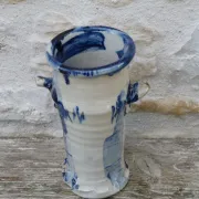 Vintage 1950 Brutalist vase in pottery with blue glazes, signed Blaso.