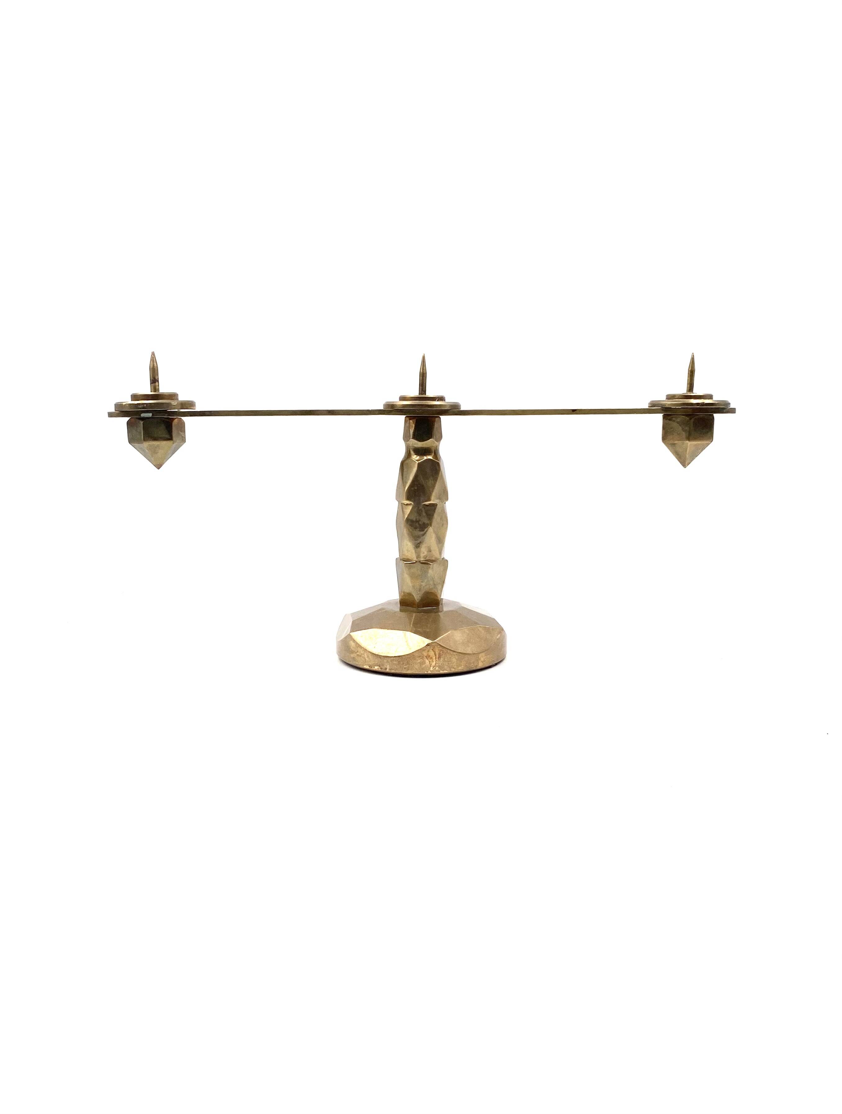 Brutalist brass pair of candle holders, France 1970