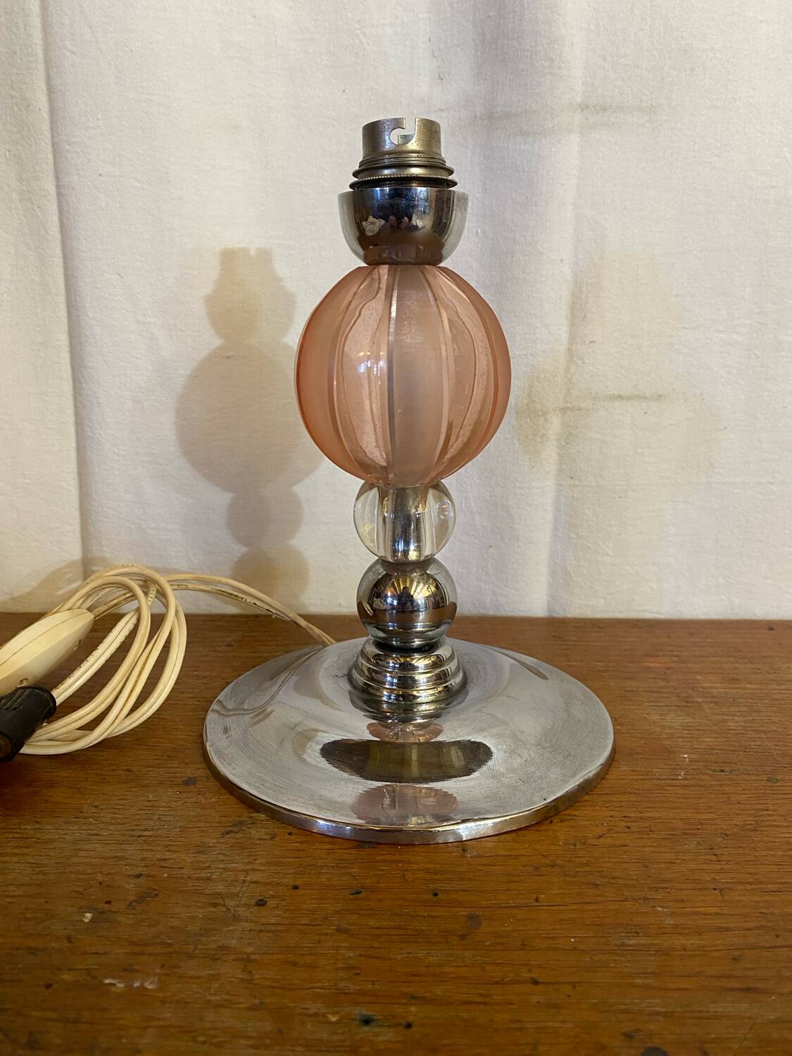 Antique Lamp Base Pink & Clear Glass Ball Chrome Base Vintage