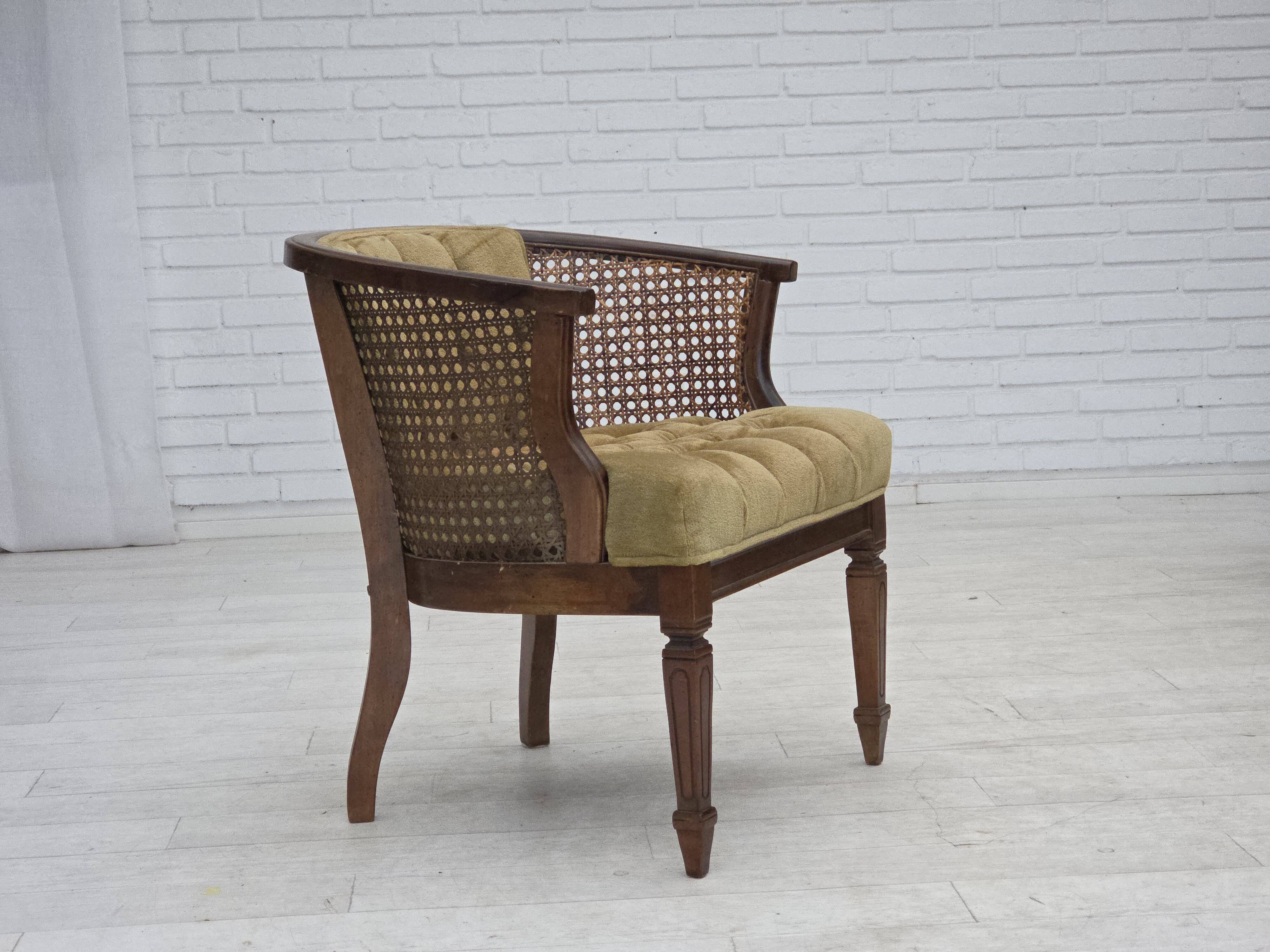 1950s, Danish easy chair, furniture velour, furniture mesh, oak wood.