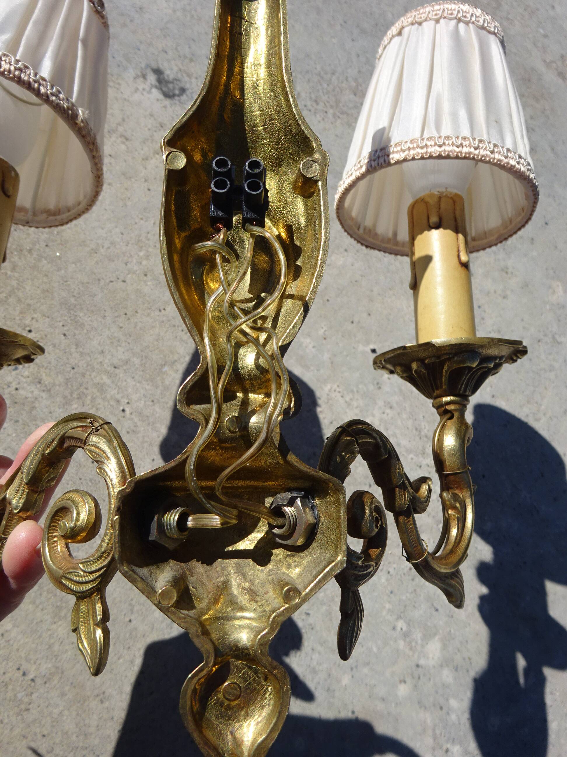 Bronze wall sconces, silk shades, pair