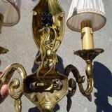 Bronze wall sconces, silk shades, pair