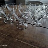 Set of 11 champagne glasses on low foot in old glass engraved floral decoration