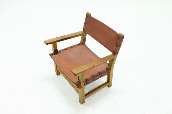 fauteuil Brutaliste En cuir De Pin Et Cognac Des Années 1960