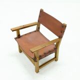 Brutalist Armchair in Pine and Cognac Leather 1960s