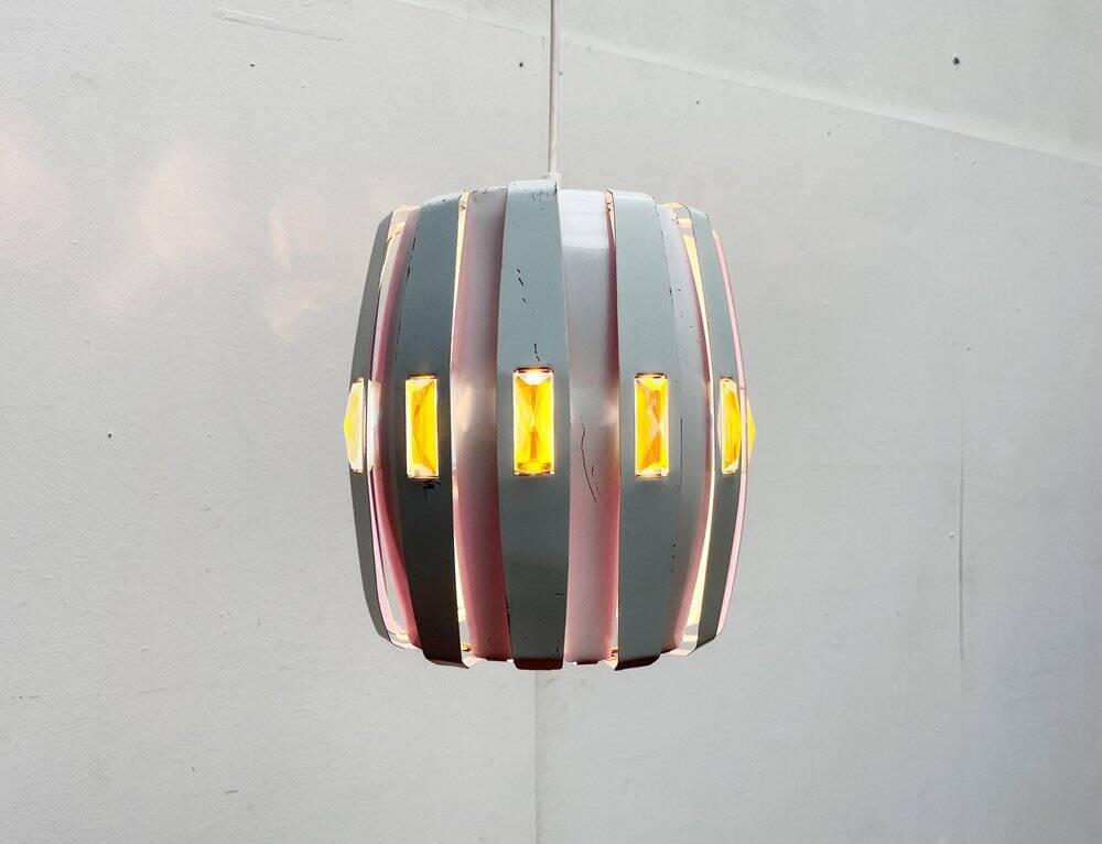 Metal pendant lamp and prism model in white mid-century by Werner Schou for Coronell Elektro, Denmark, 1960s.