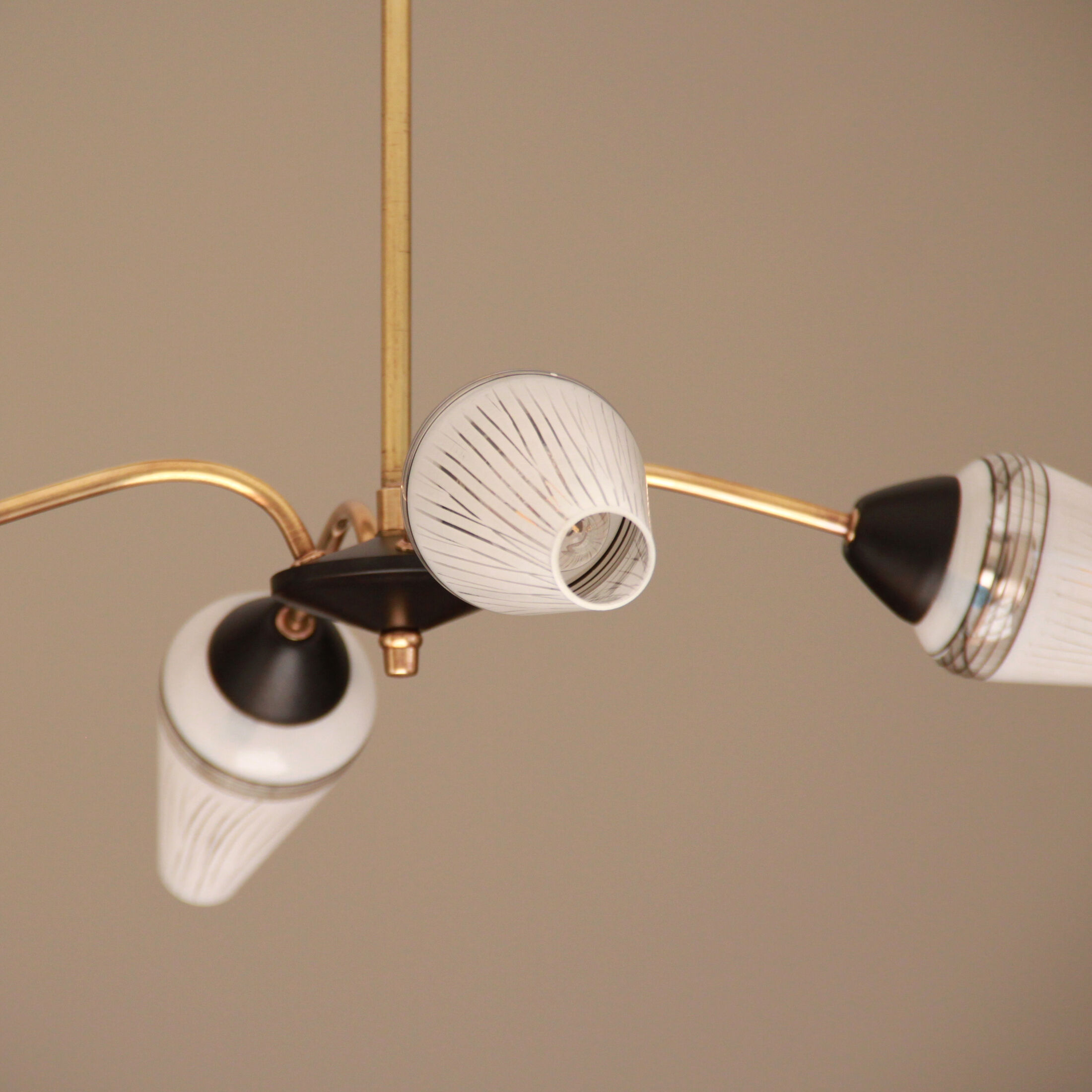 Suspension chandelier brass 4 branches tulips glass 1950 1960