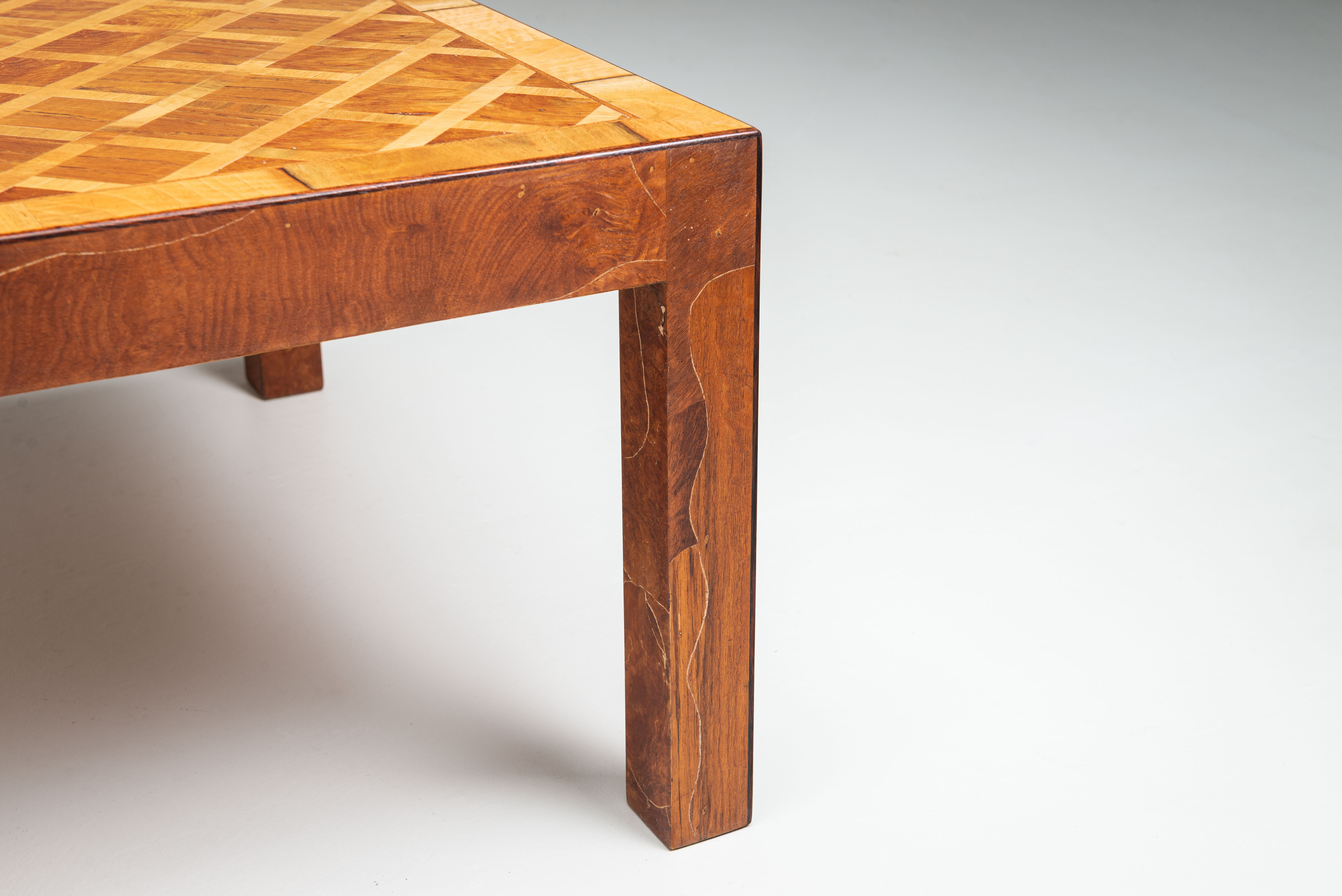 Square Italian coffee table with burl wood and inlaid parquetry top