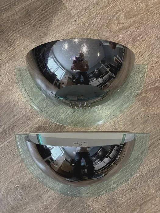 Pair of Bahag wall lights, chrome half-spheres on curved glass, 1980s