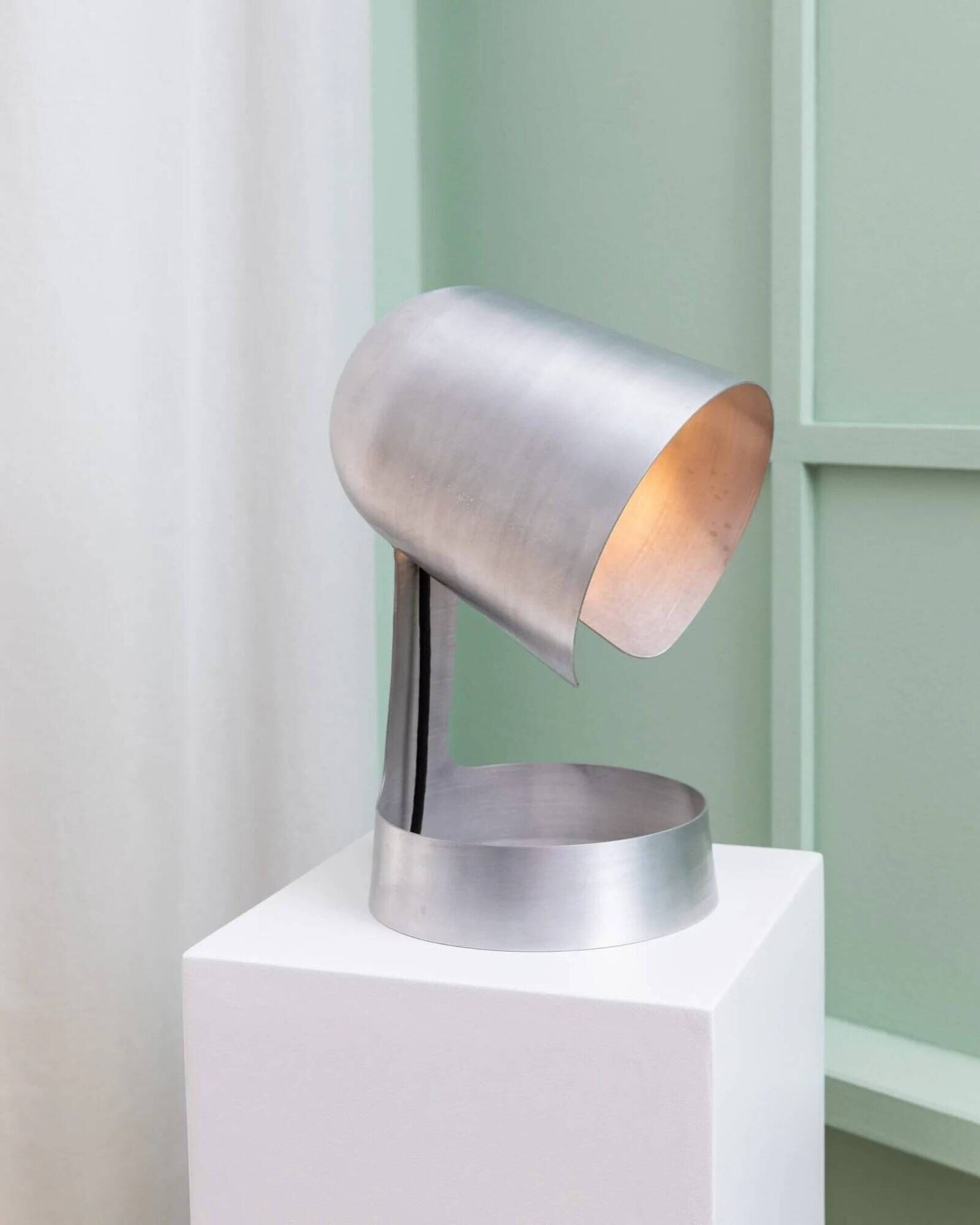 Matte silver aluminum table lamp by Dominik Hehl, vintage 2012 design, sculptural industrial vibe