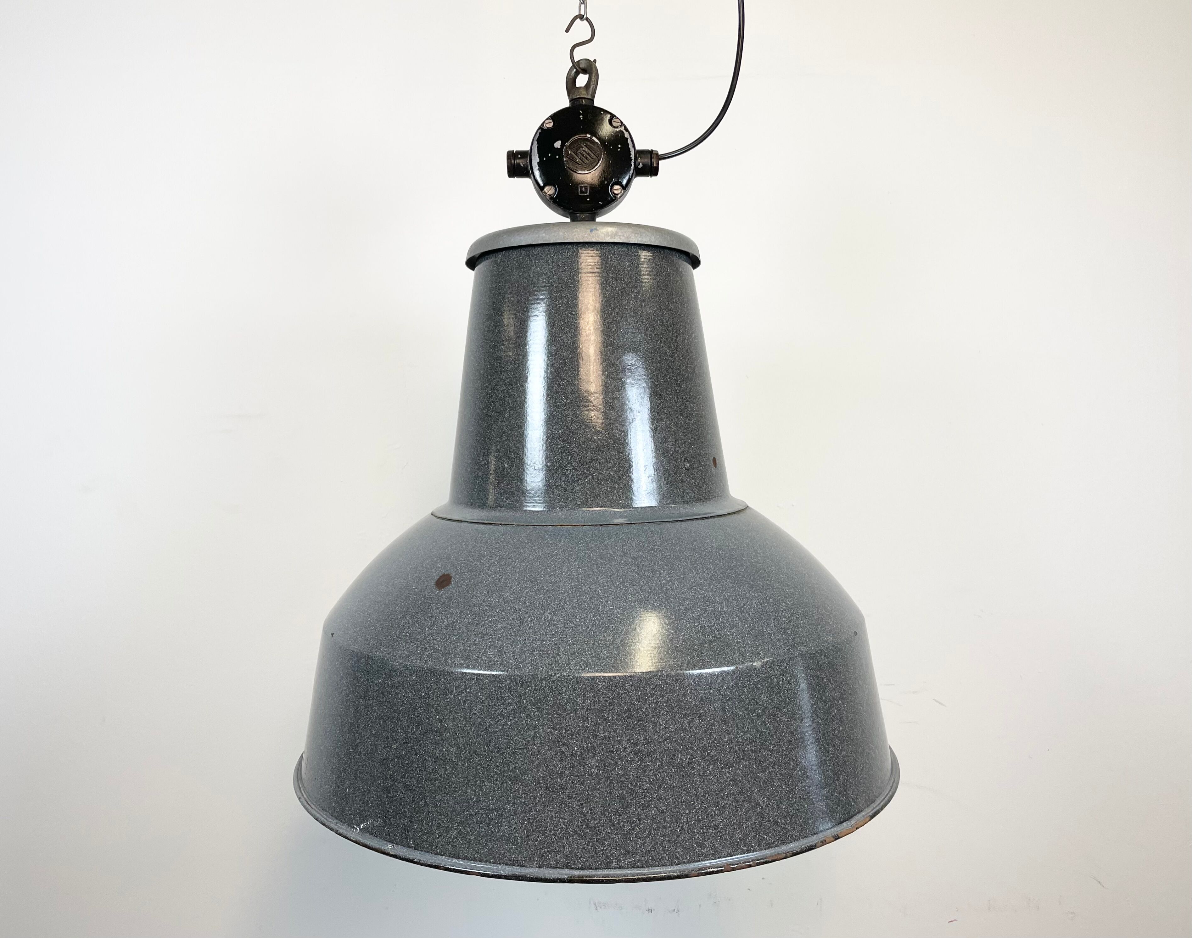 Large Grey Enamel Industrial Factory Lamp from Elektrosvit, 1960s