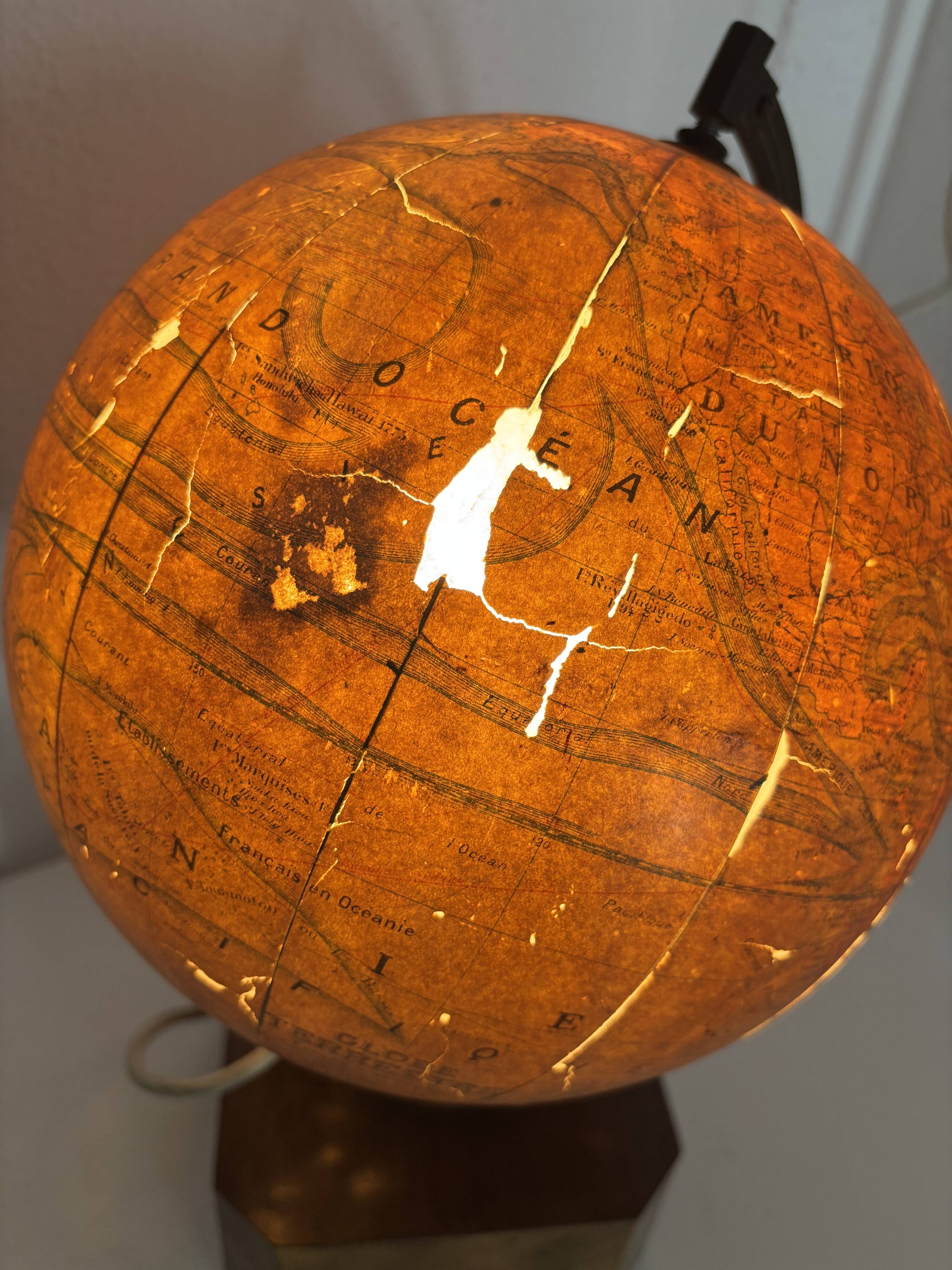 Vintage 1930 globe terrestrial Jacques Adnet world map J. Forest glass wood -