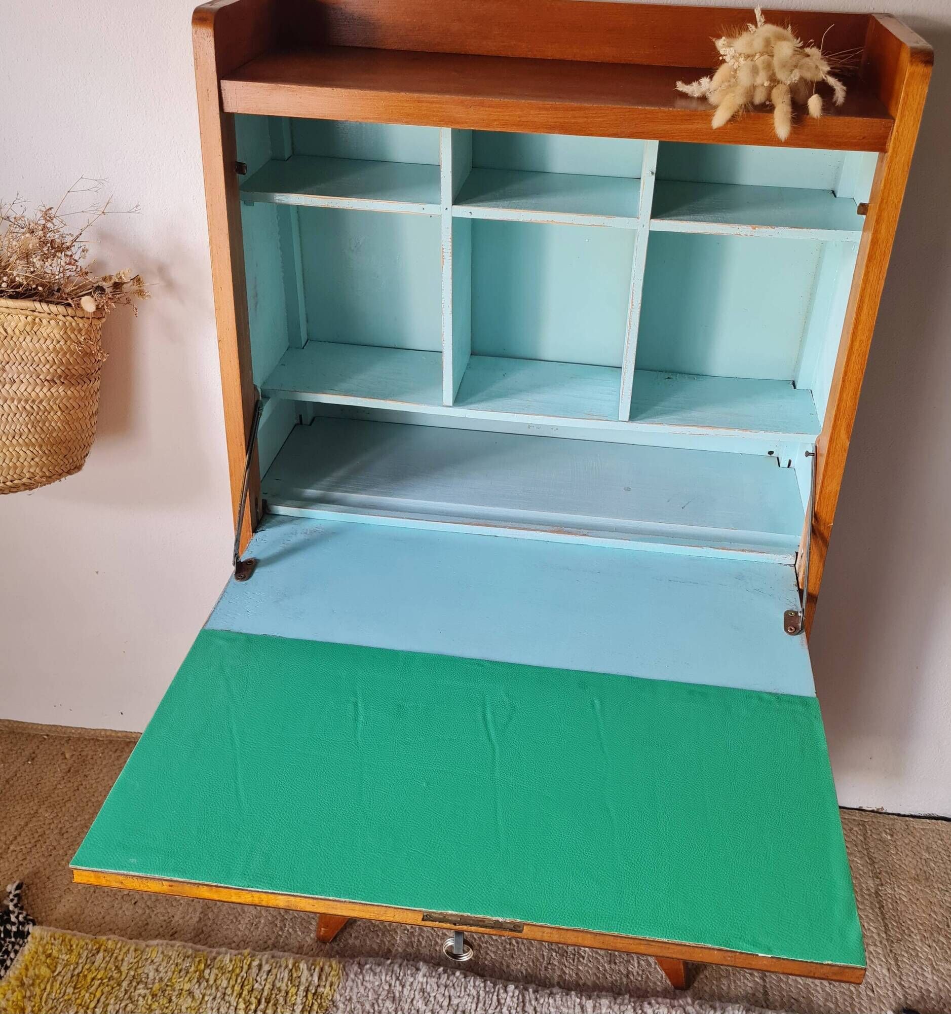 Vintage 1950s wooden secretary with tapered legs and mint interior.