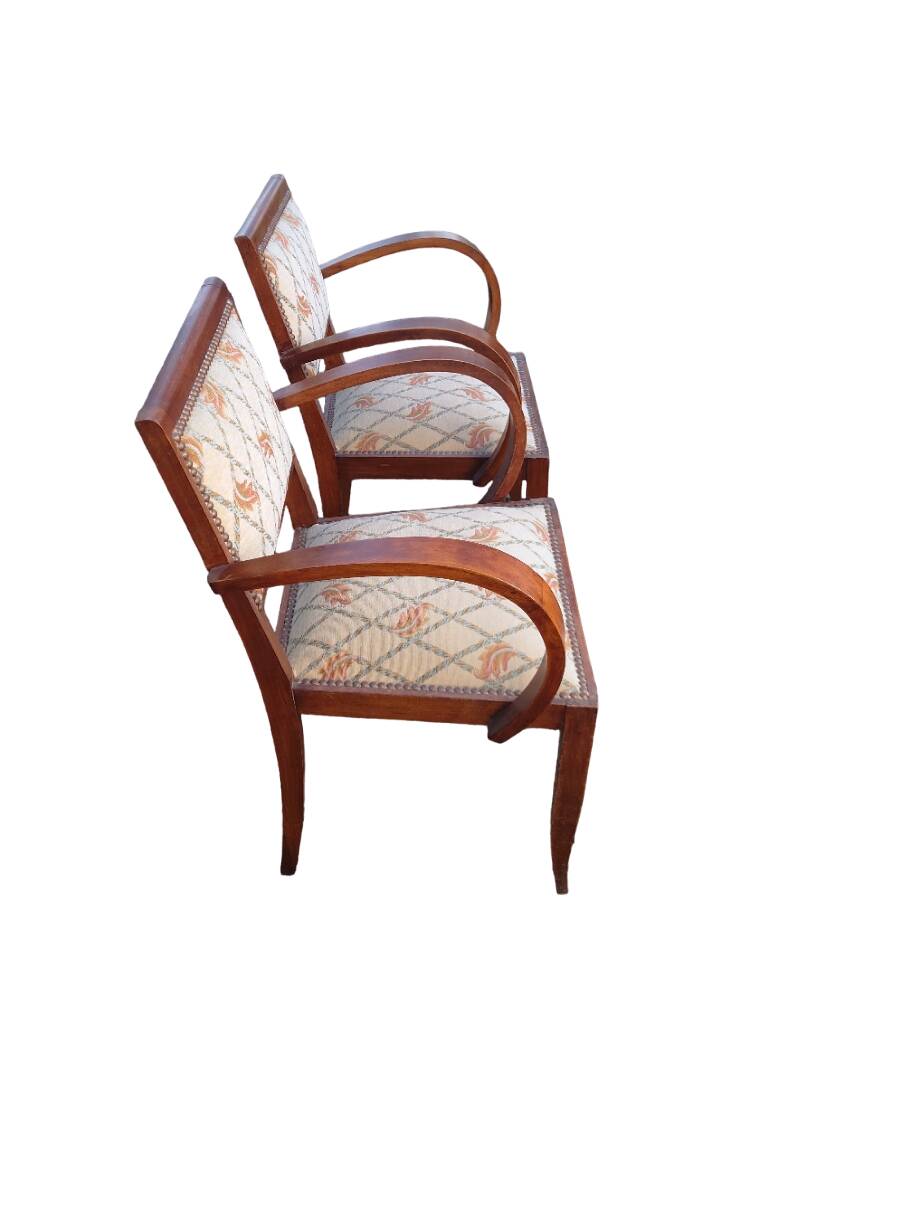 Pair of bridge armchairs in wood and fabric, 1940