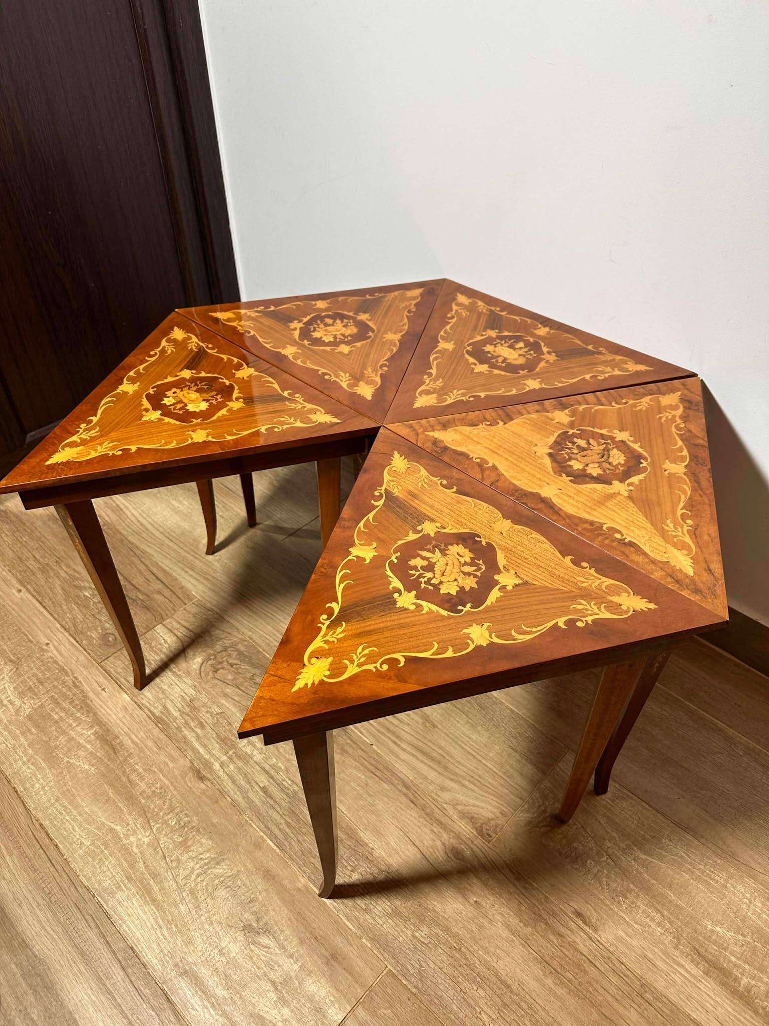Italian Marquetry Five Piece Triangle Table
