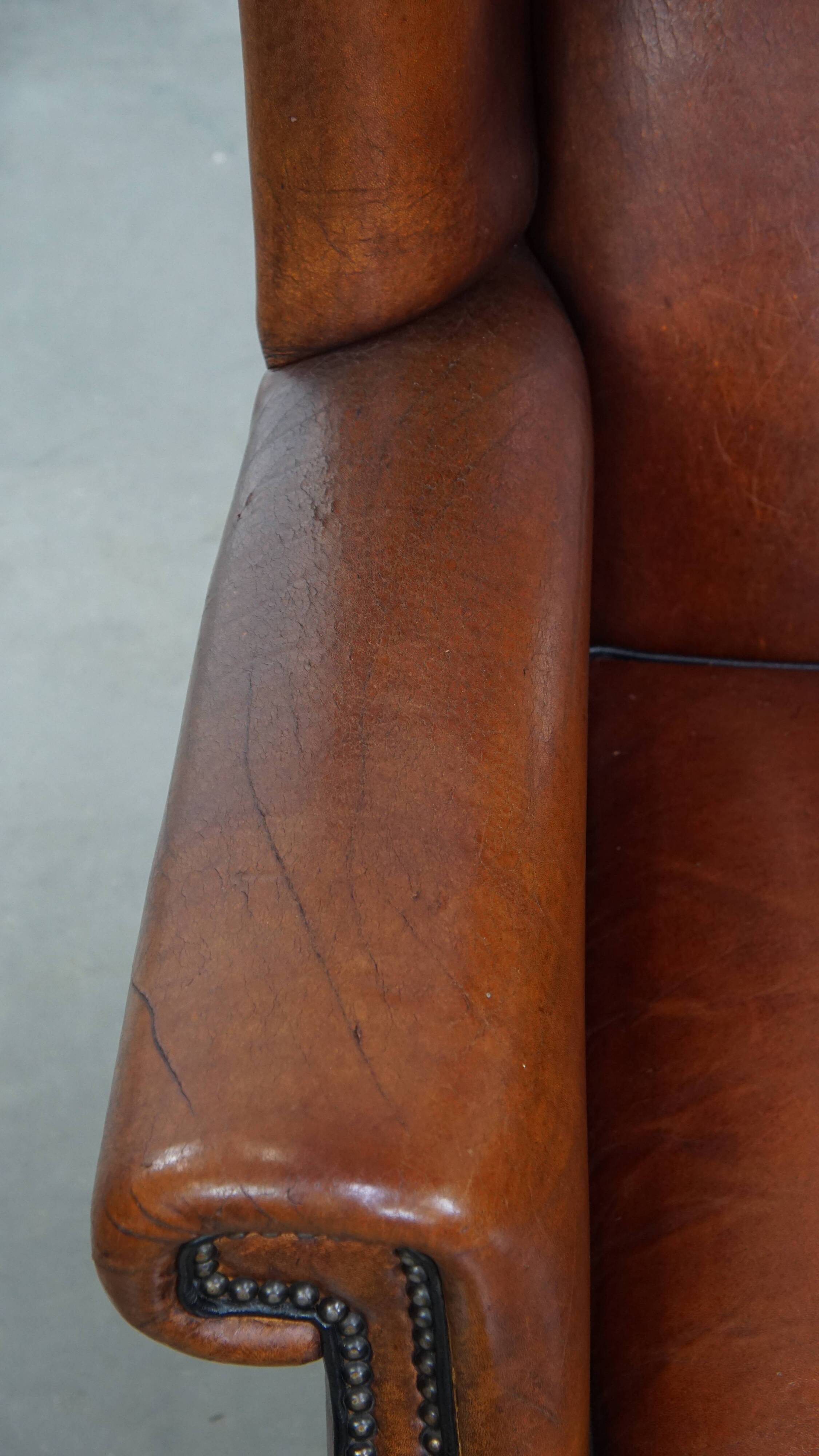 Large Vintage Sheepskin Leather Wingback Chair