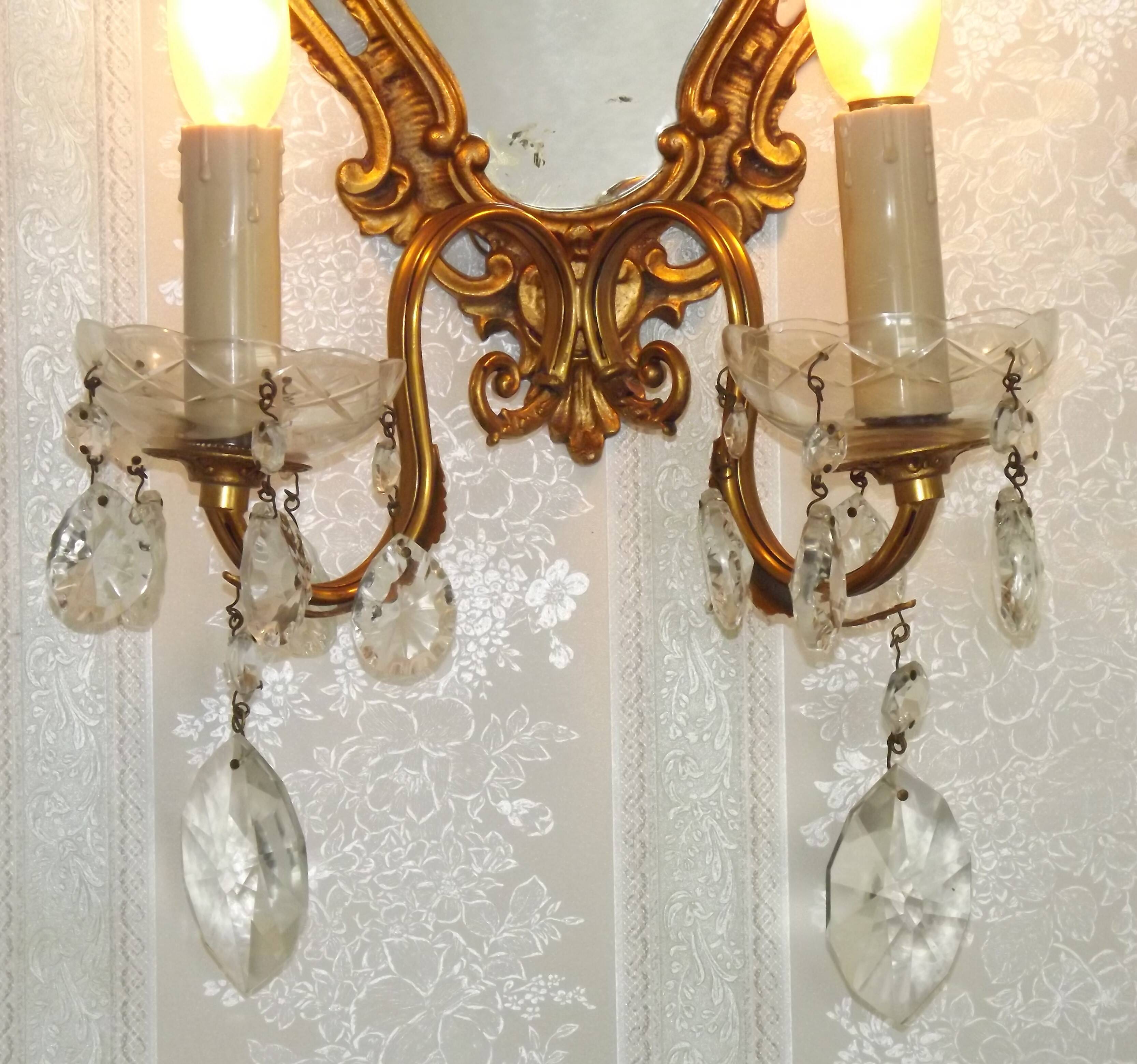 French Antique Gilt Bronze Double Light Crystal Mirrored Wall Sconce 4806