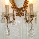 French Antique Gilt Bronze Double Light Crystal Mirrored Wall Sconce 4806