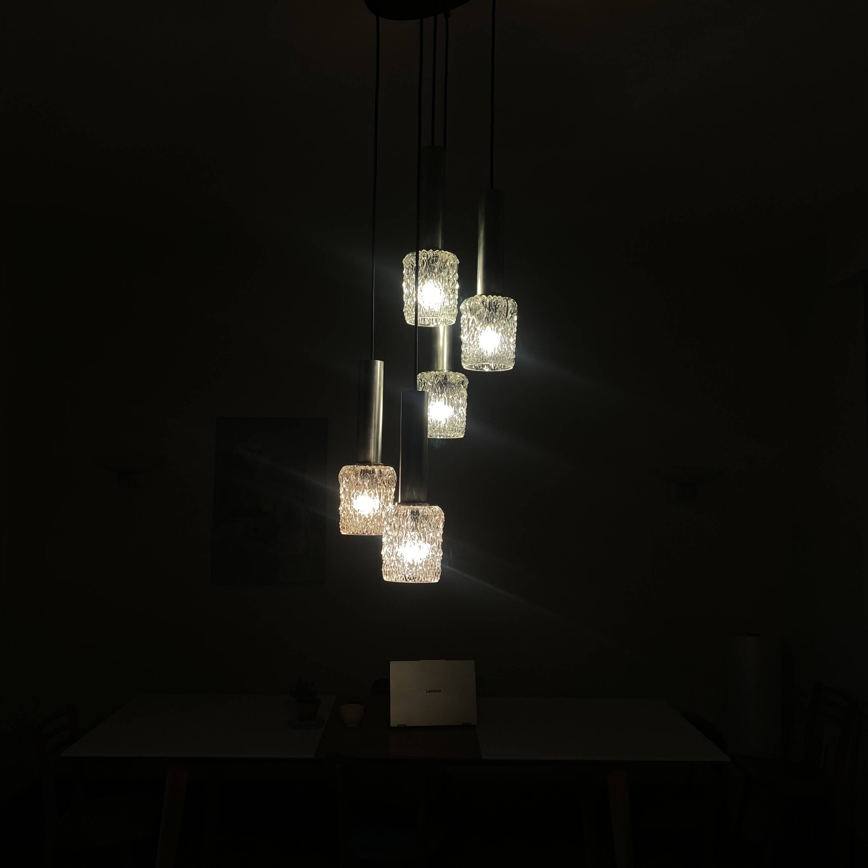 Large suspension chandelier with 5 glass lampshades and aluminium tube.