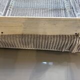 Hollywood Regency console style in travertine, glass, and Lucite.