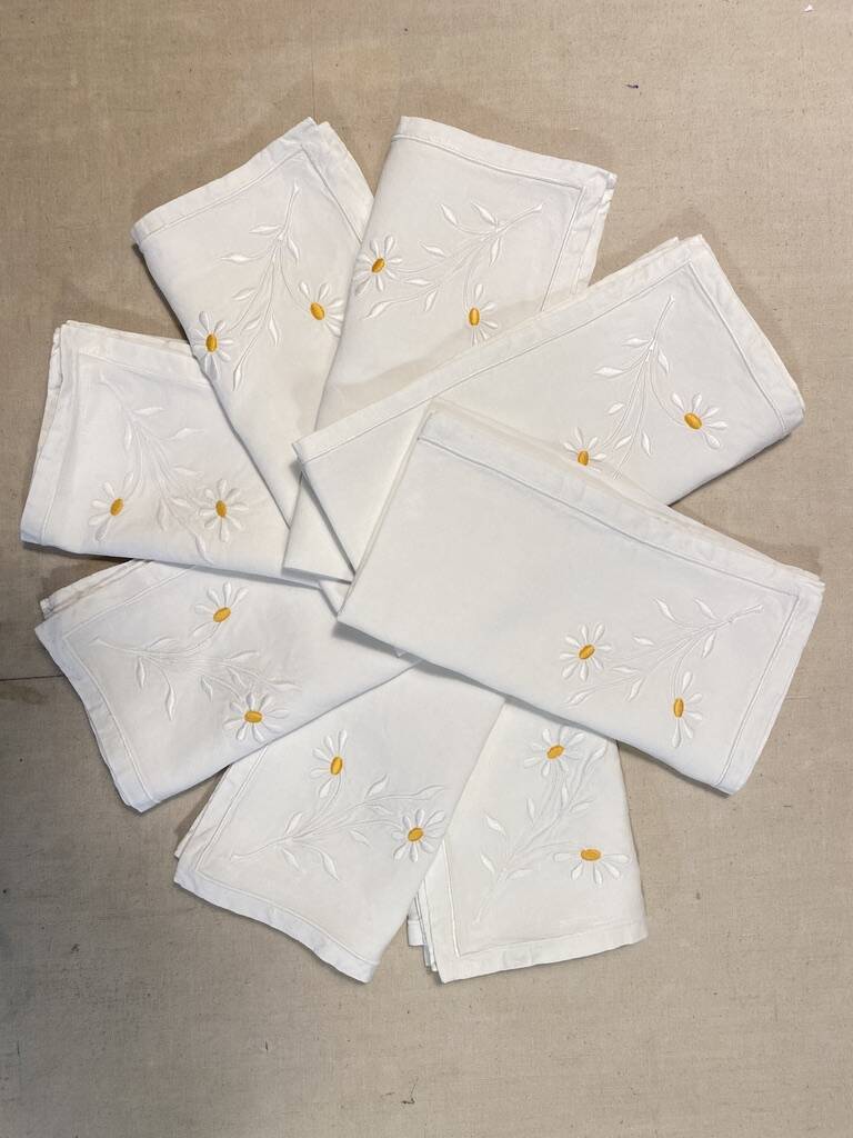 Antique hand-embroidered daisy napkins - linen voile - 52x52 cm