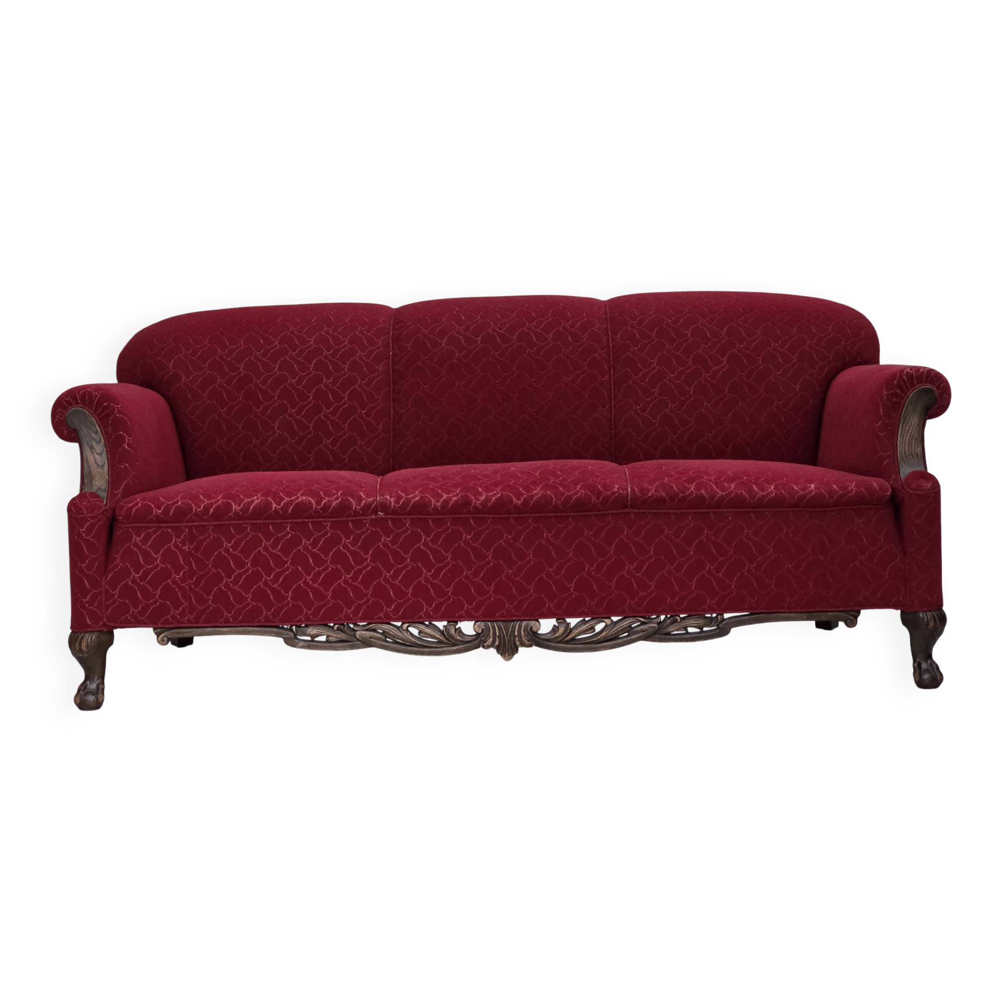 1950s, Danish 3-seater sofa, red and light grey furniture wool, oak wood.