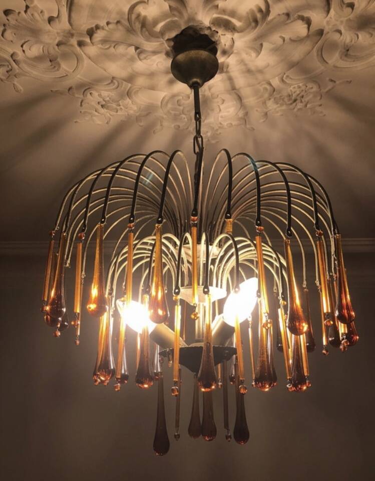 Vintage 1970s brass and Murano glass chandelier