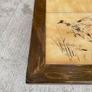 Table basse vintage 70s bois et carreaux céramique motifs oiseaux nature