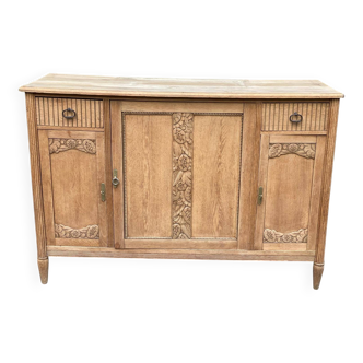 Buffet parisien art déco vintage rénové en bois massif et marbre gris 155cm