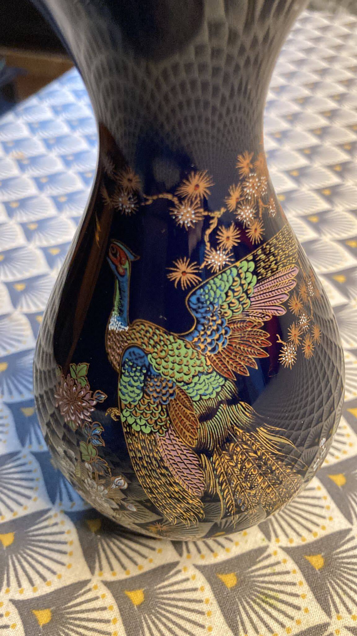 Limoges porcelain vase cobalt blue peacock motif orientalist flowers