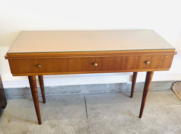 Console en teck années 50 par Gaston Poisson – 3 tiroirs, miroir