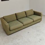 Pierre Frey modernist bench in green and gold patterned fabric